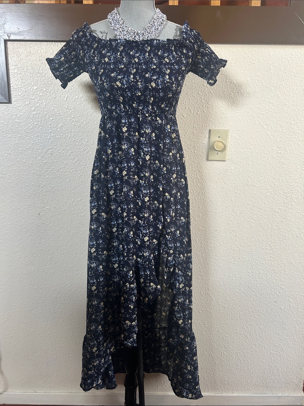 Francesca's Collections Navy Floral Smocked Off-Shoulder Maxi Dress